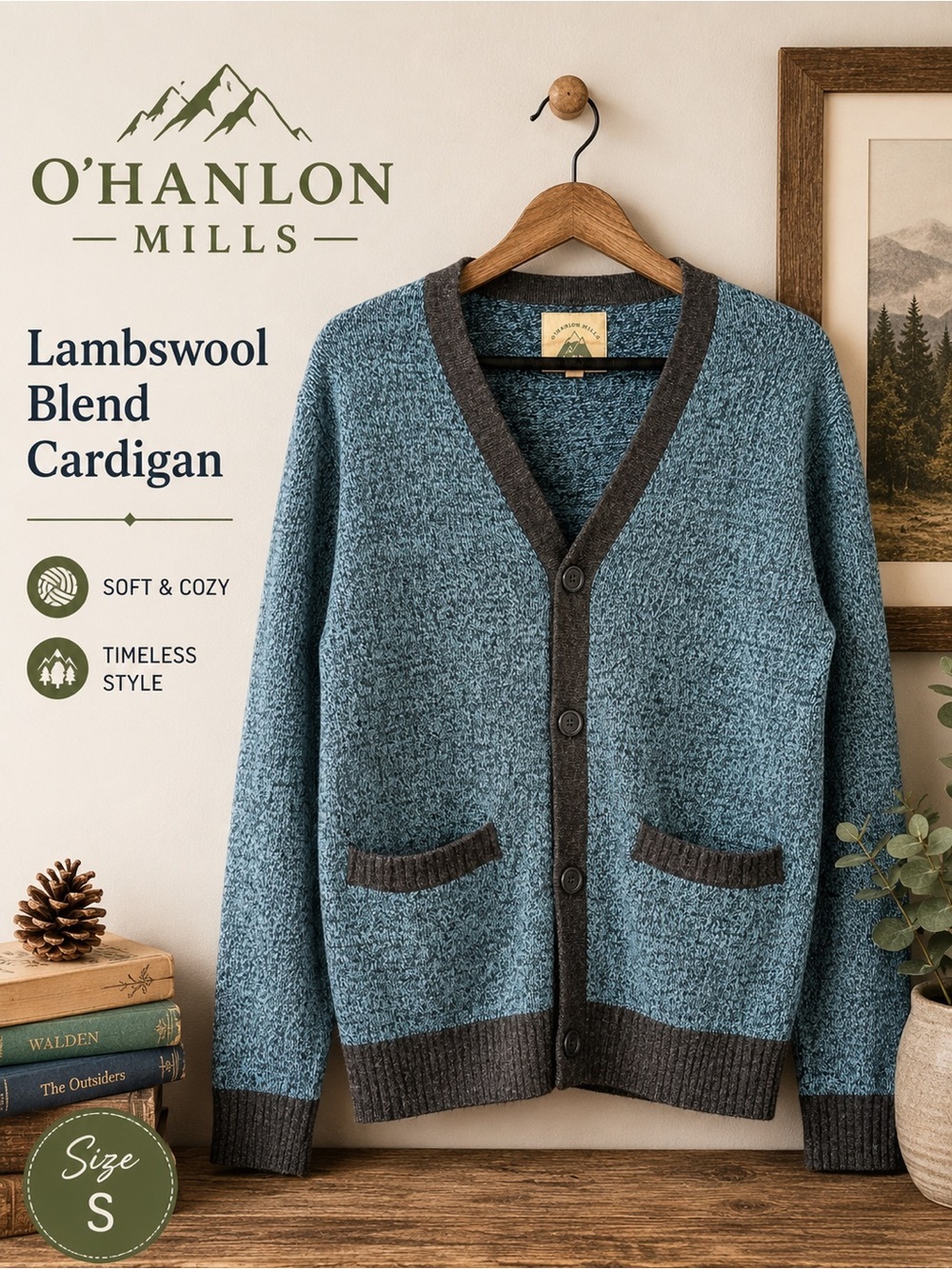 O’Hanlon Mills Blue Marled Lambswool Blend Button Front Cardigan Sweater Small